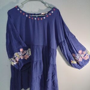 Blue Boho Embroidered Blouse